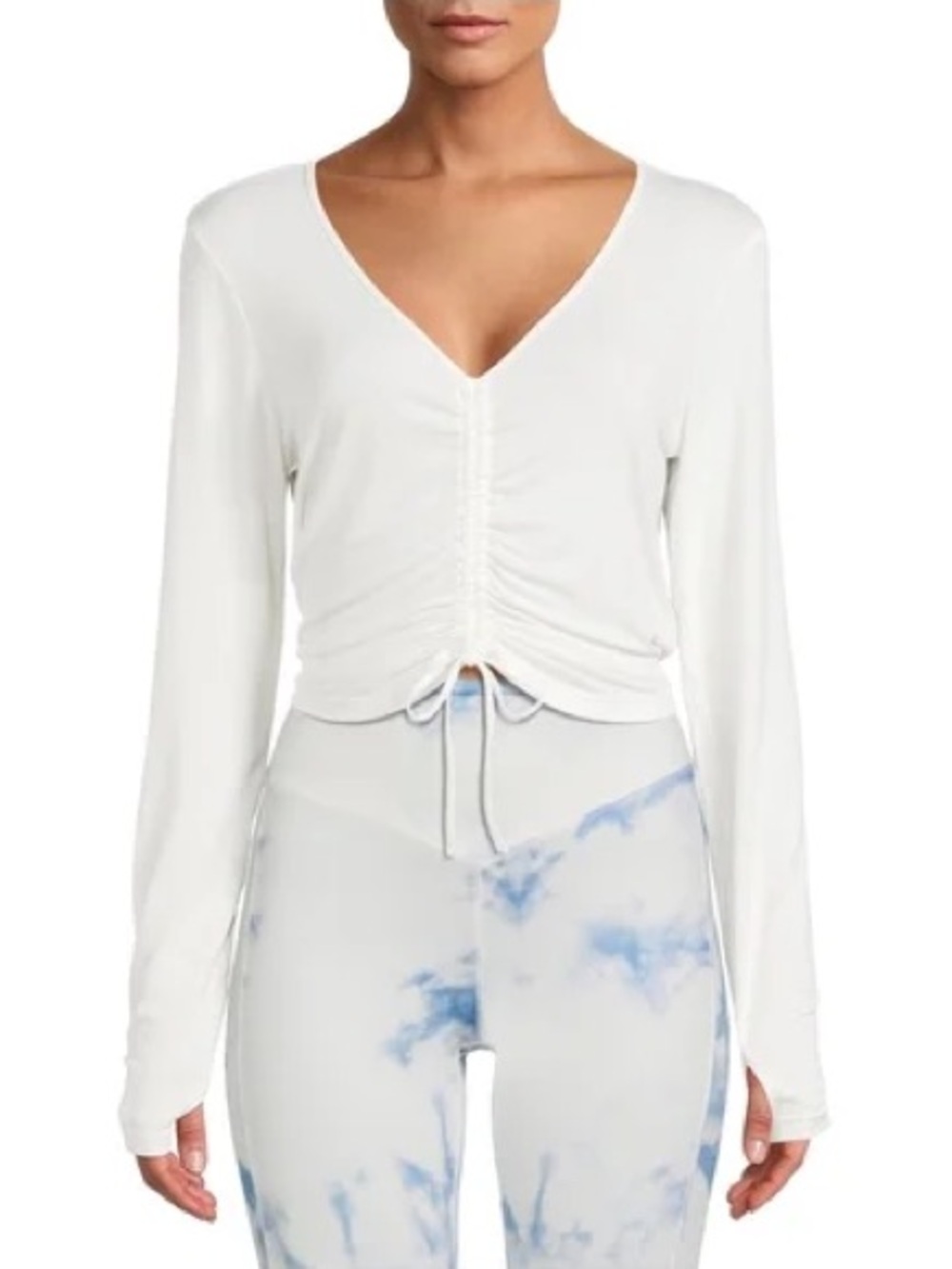 PRE-OWNED SIZE M aerie White Ruched V-Neck Long Sleeve Crop Top